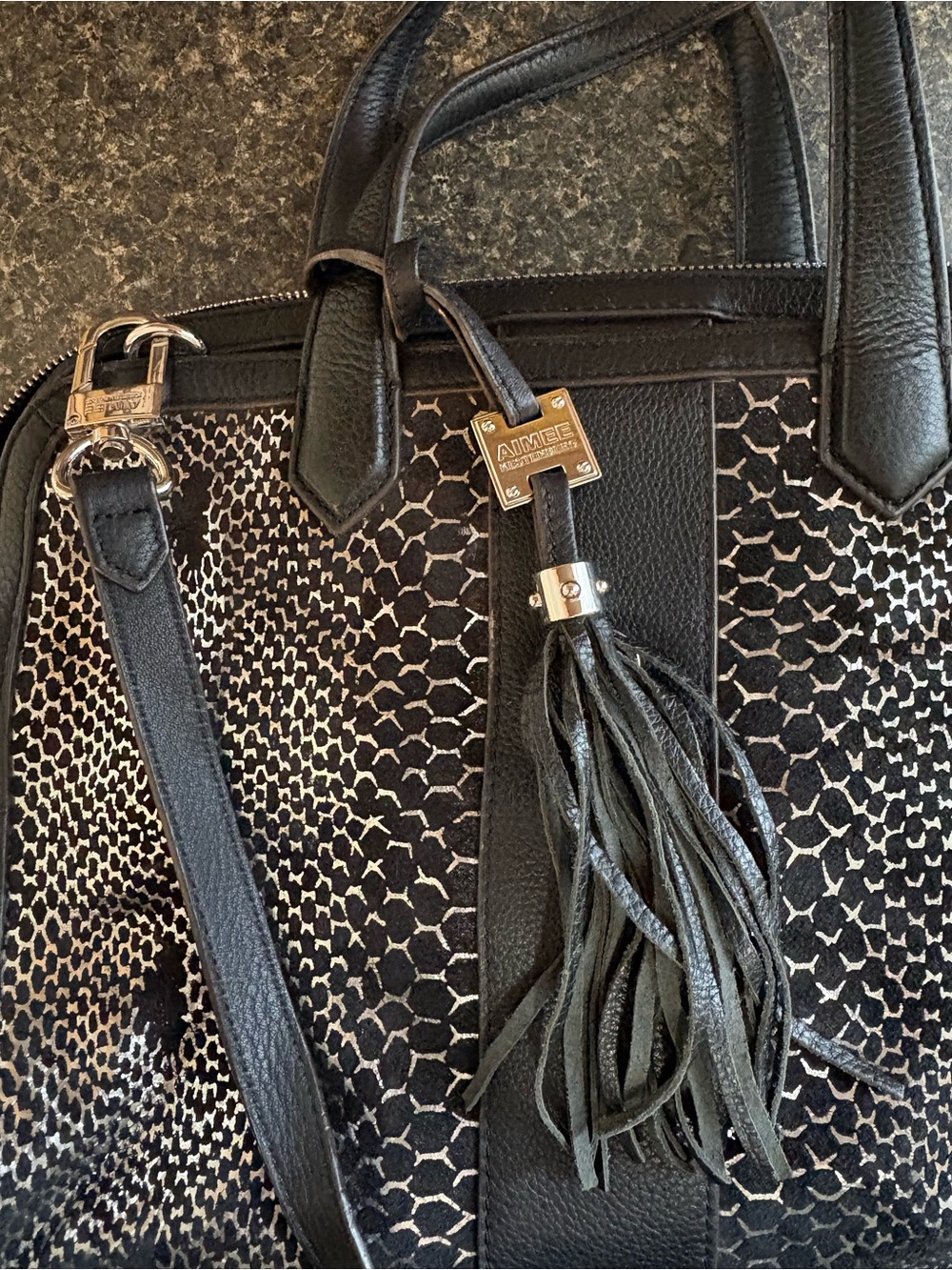 Aimee Kestenberg leather black and silver metallic satchel purse bag. - Picture 3 of 13